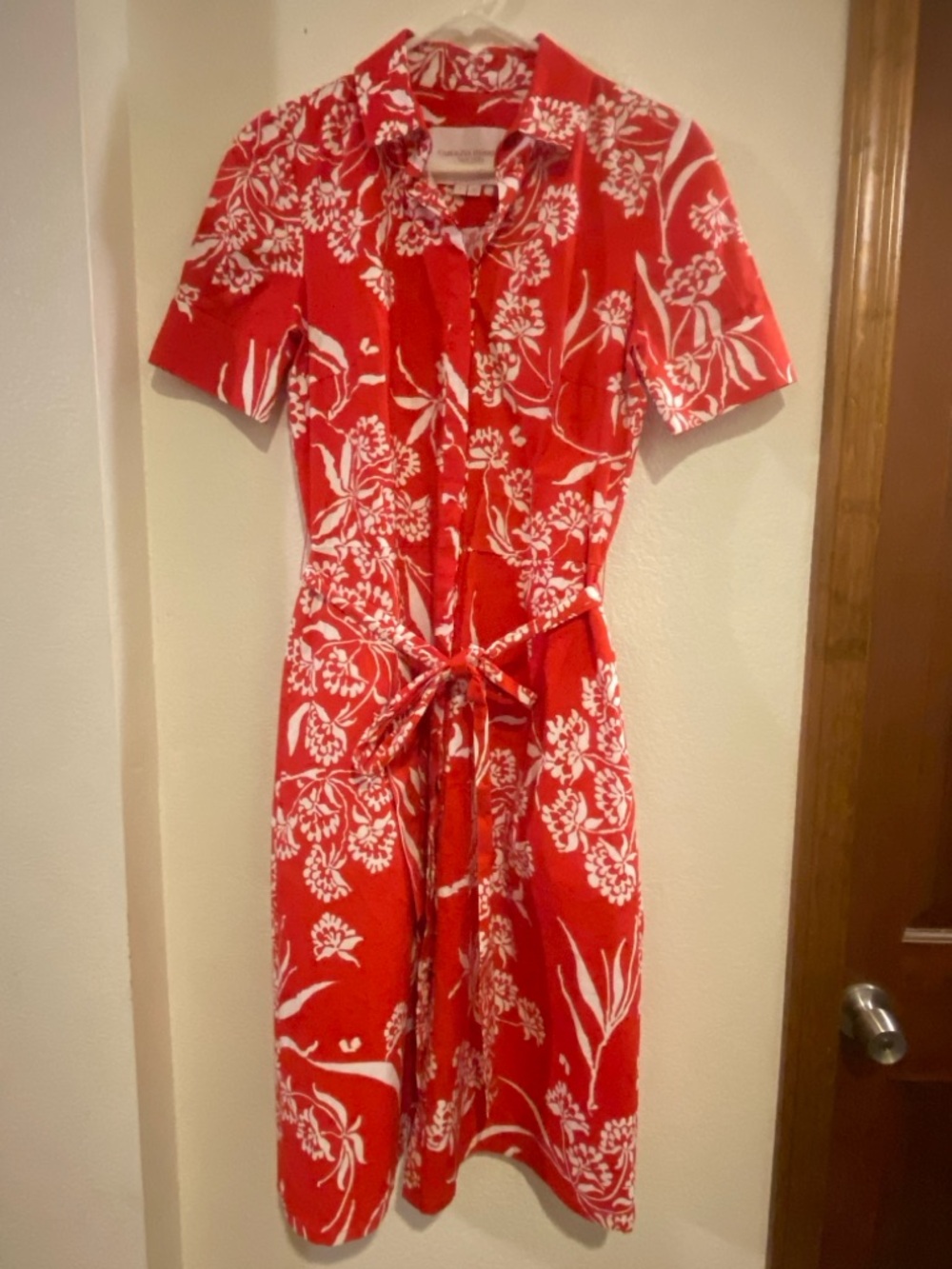 VINTAGE Carolina Herrera Italy Red White Floral Flower Leaf A-Line